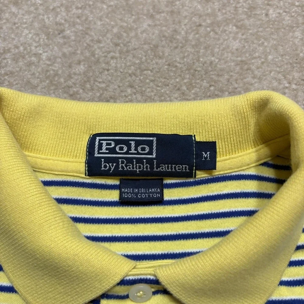 Polo Ralph Lauren Polo Shirt Mens Medium Yellow Blue Stripe Pique Cotton